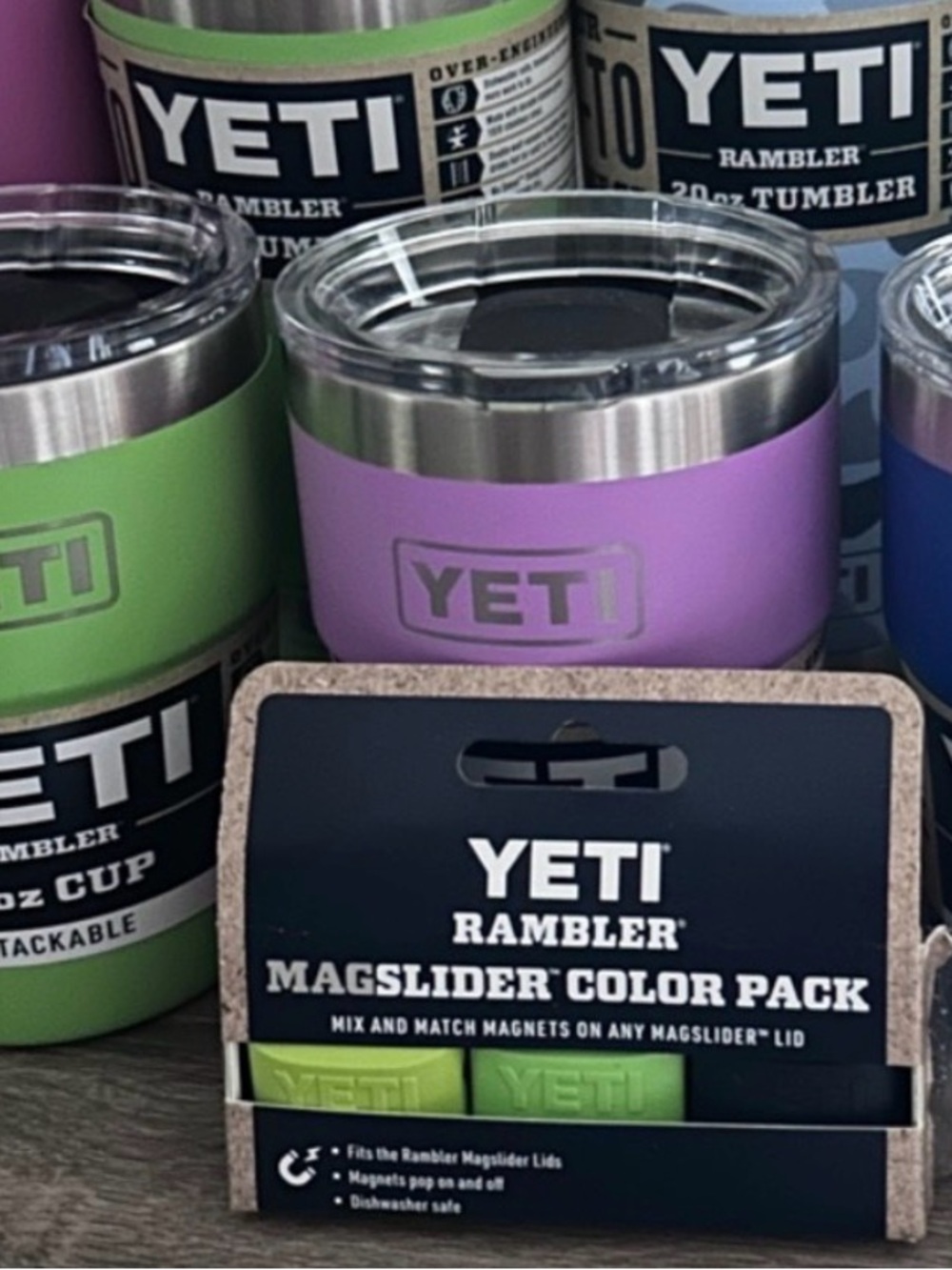 2 stackable Yeti cups w/ Matching lid Rambler Tumbler - Lavender & Lime Green